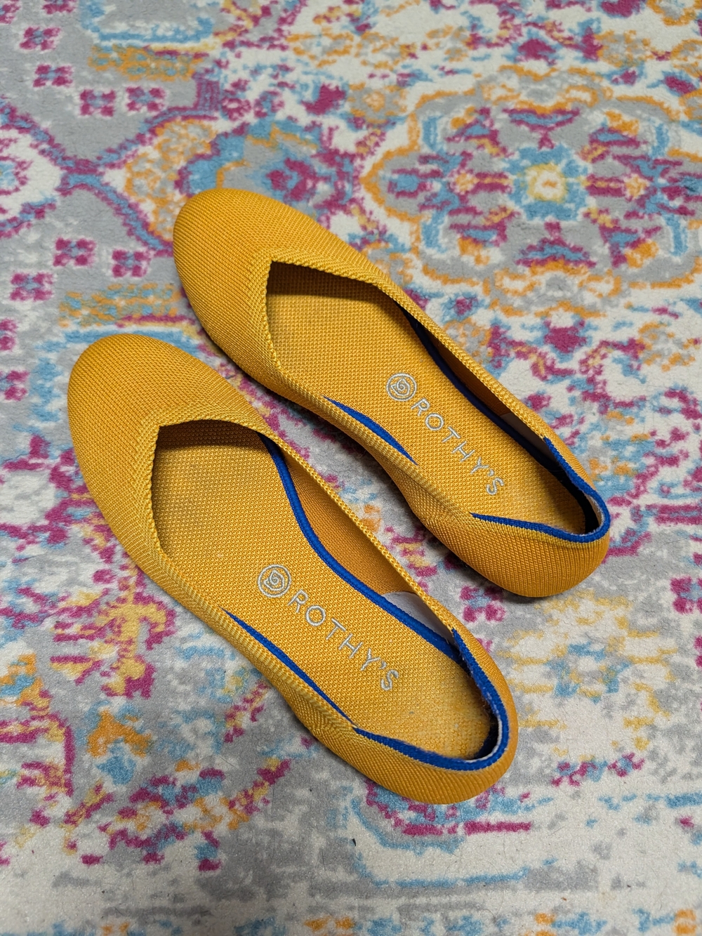 Rothy's Yellow Knit Slip-On Ballet Flats with Blue Trim